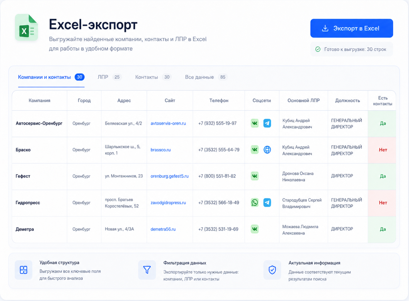 Интерфейс LeadS с выгрузкой компаний и ЛПР в Excel