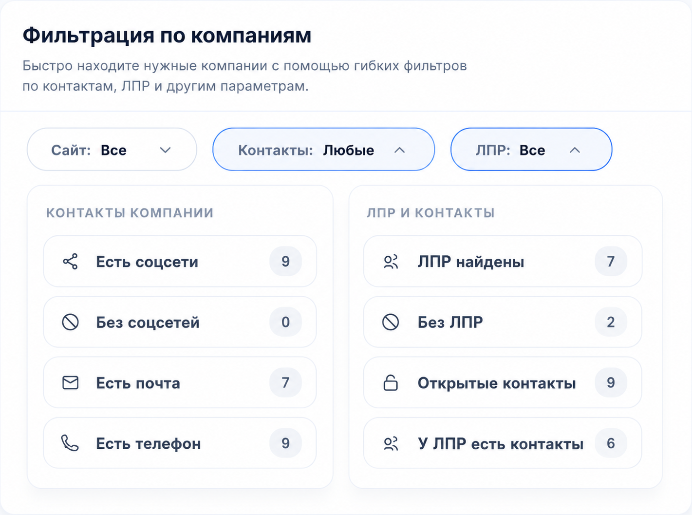 Интерфейс LeadS с фильтрацией компаний по сайтам, контактам и ЛПР