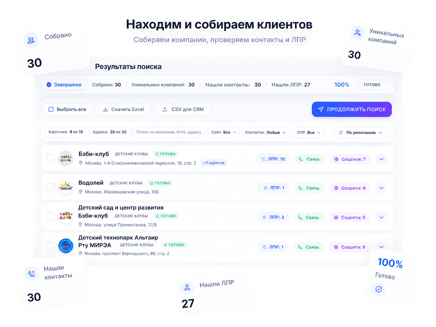 Мини-мокап списка компаний и ЛПР LeadS